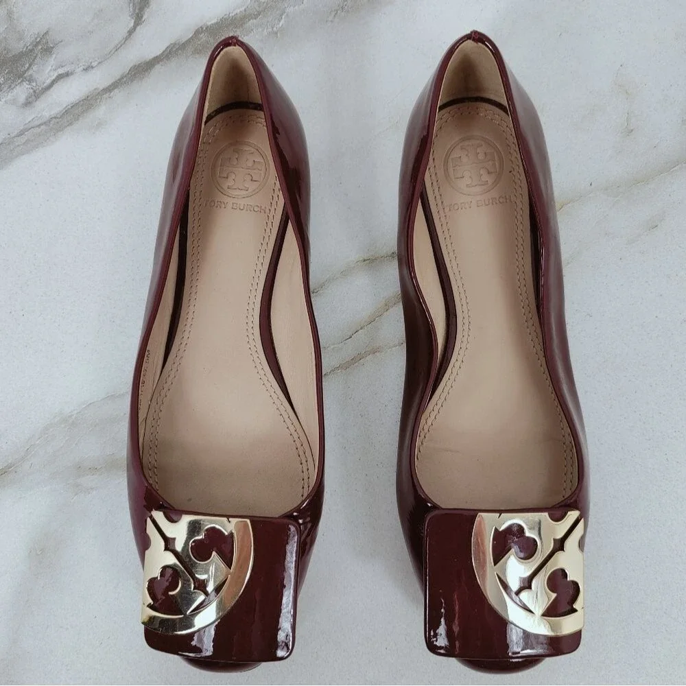Tory Burch Burgundy Patent Leather Gold Tone Embellished Ballet Flats, Sz 5